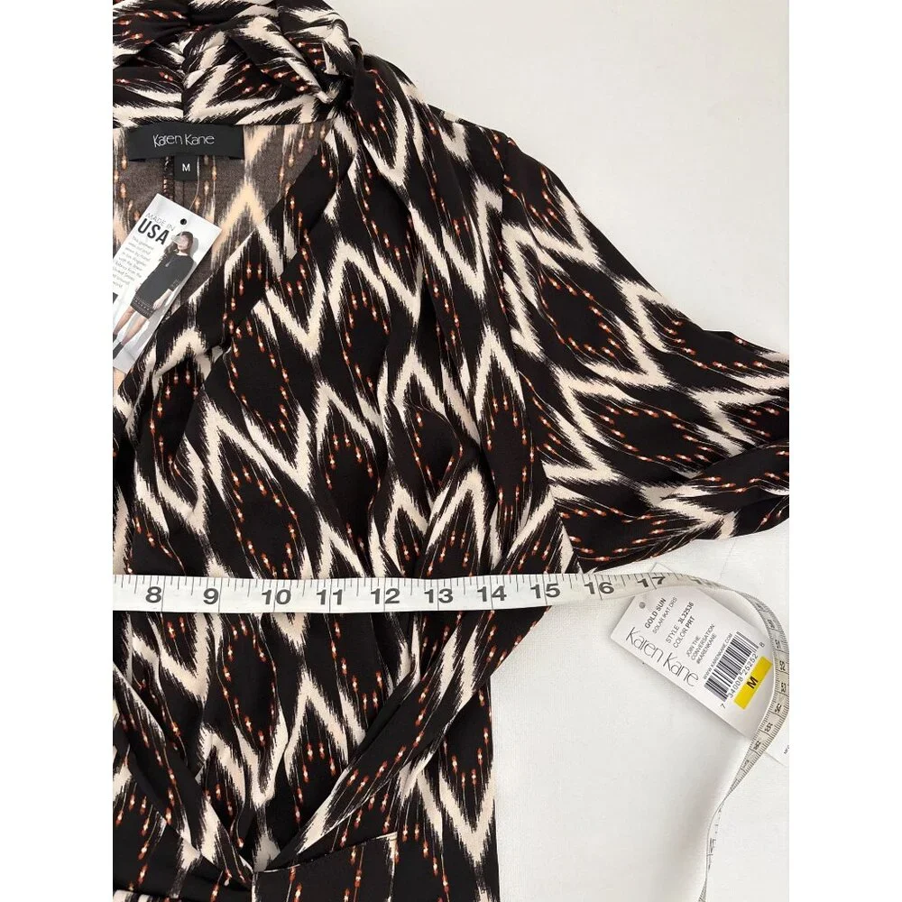 NWT Karen Kane Dress Size M Boho Chic Solar Ikat Faux Wrap Gold Sun Brown Black - Picture 8 of 16